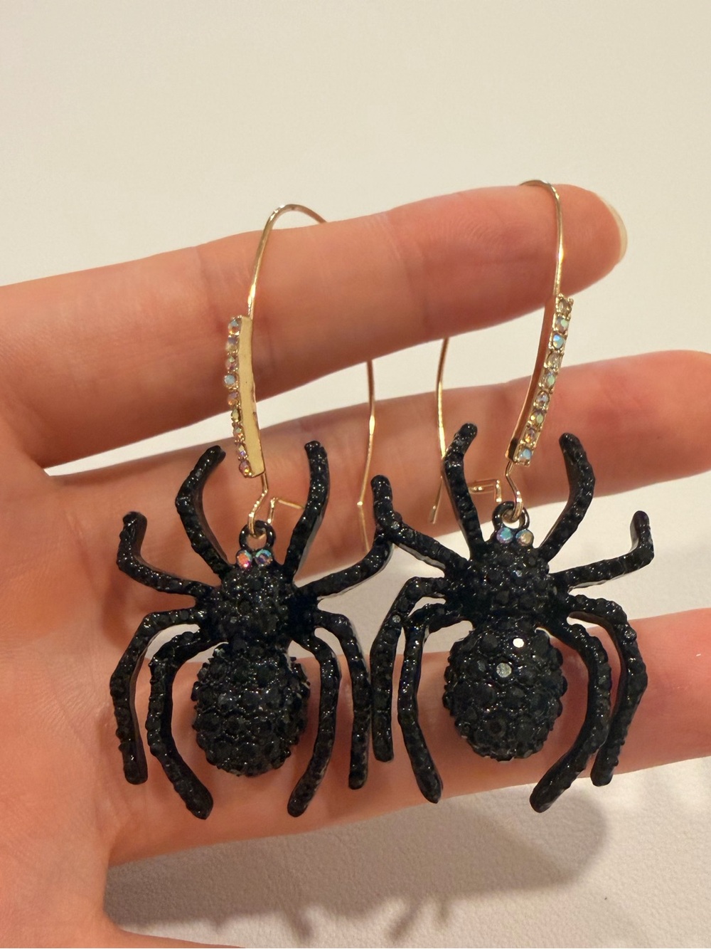 Black Spider Rhinestone Drop Earrings with Gold Hooks